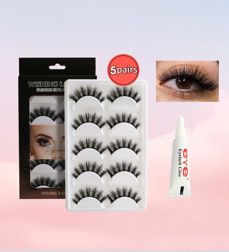Natural Look False Lashes Kit - 17mm, 5 pairs + glue, Lightweight & Reusable
