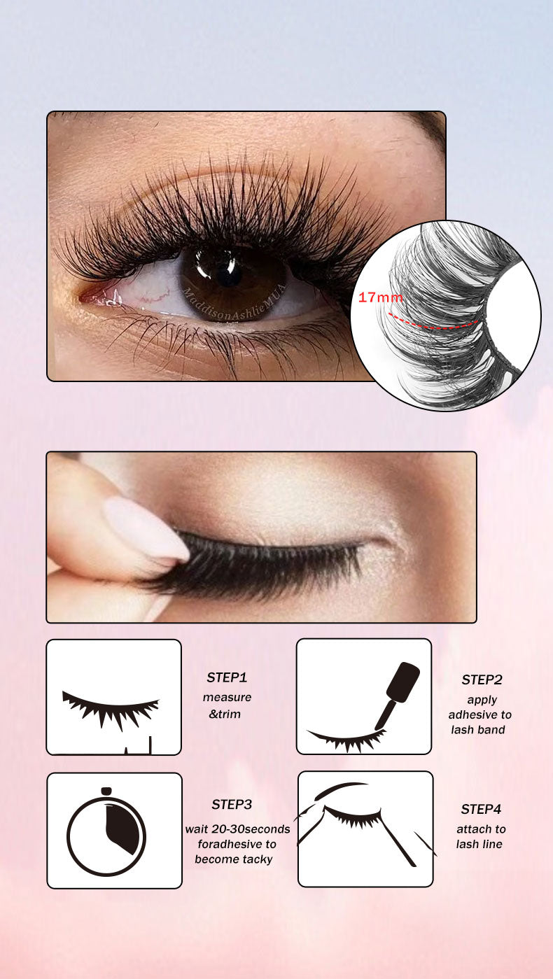 Natural Look False Lashes Kit - 17mm, 5 pairs + glue, Lightweight & Reusable