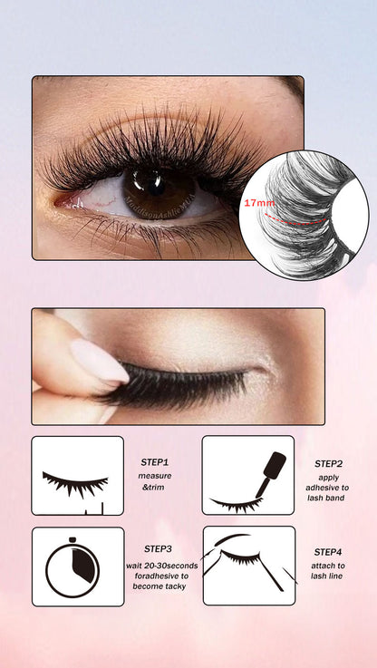 Natural Look False Lashes Kit - 17mm, 5 pairs + glue, Lightweight & Reusable