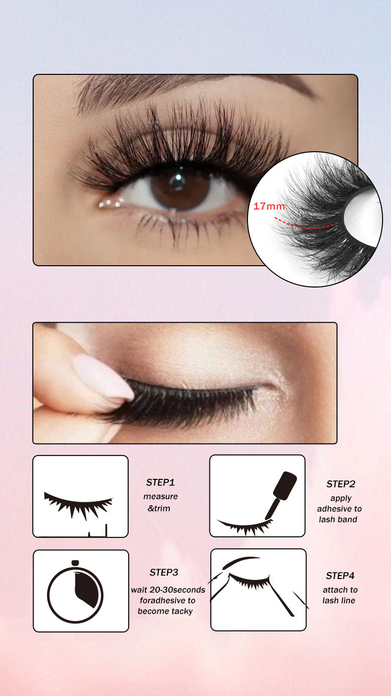 Full Volume Glam Lashes Kit - 17mm, 5 pairs + glue, Lightweight & Reusable